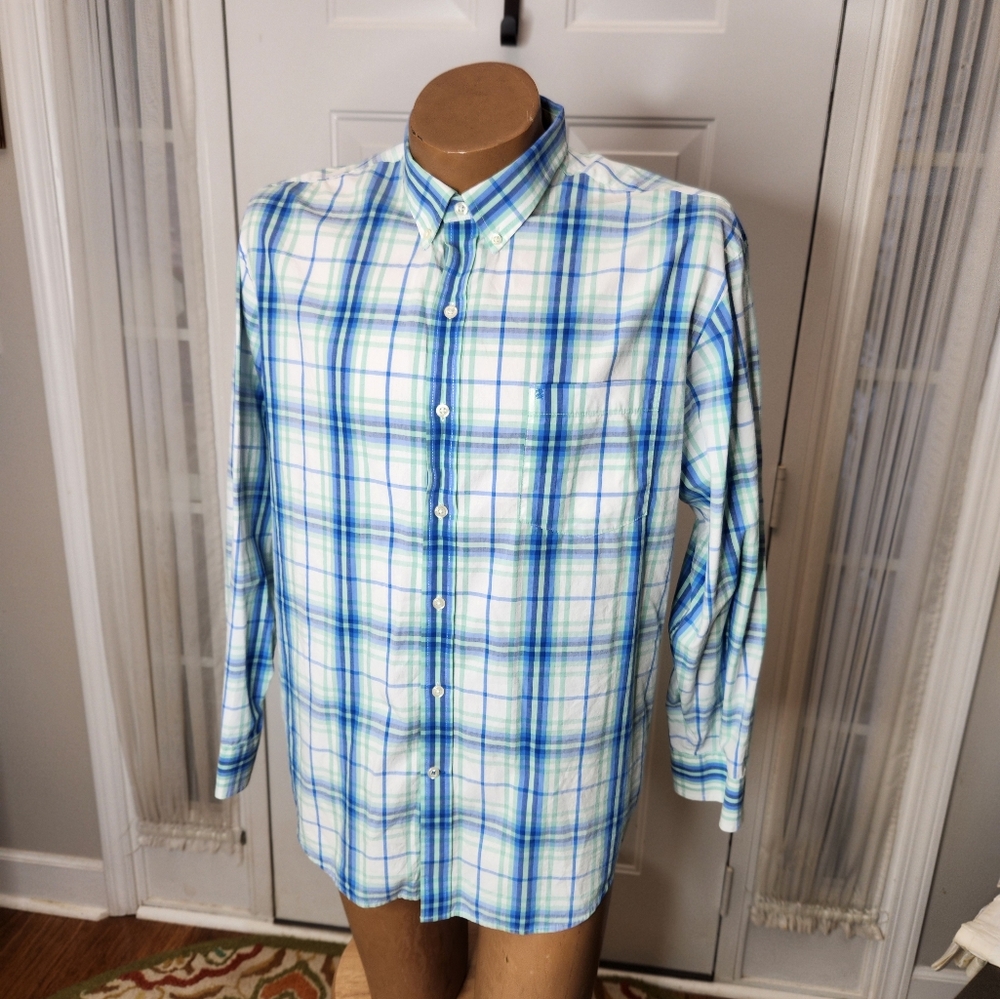 IZOD Blues Green and White Long Sleeve Button Down Shirt Size XL TG XG